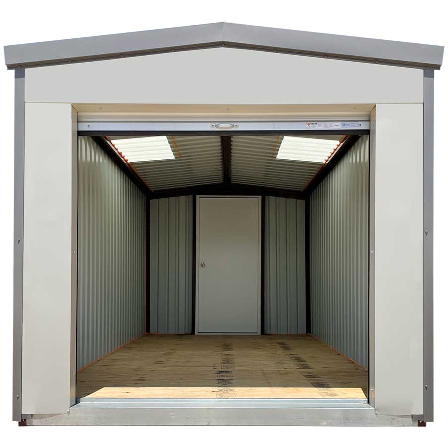 Siding: Ash Gray | Trim: Charcoal | Door: Additional Swing | Features: Set of 2 Skylights